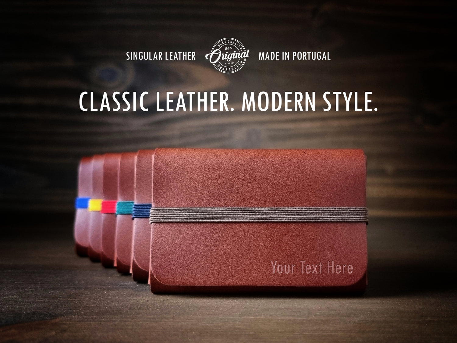 Carteiras em couro Cognac Brown com elásticos coloridos personalizáveis, feitas à mão em Portugal