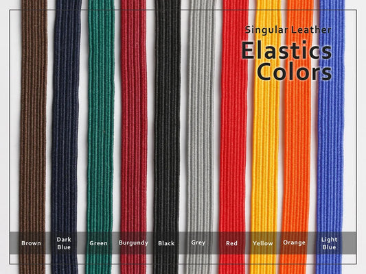 Cores de elásticos disponíveis para a carteira Singular Leather — castanho, azul, verde, vermelho e mais