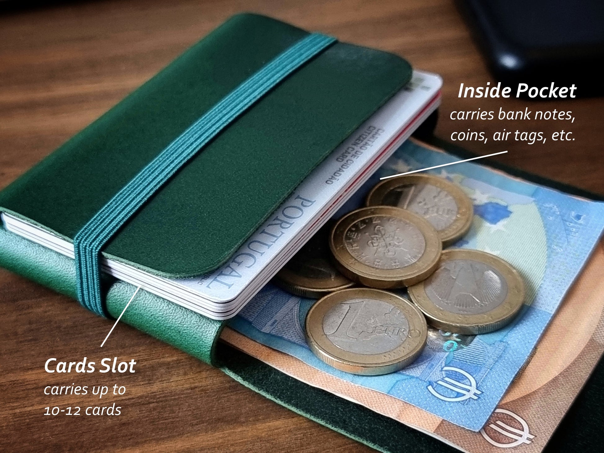 Carteira compacta Alpine Green com espaço para cartões, moedas e notas