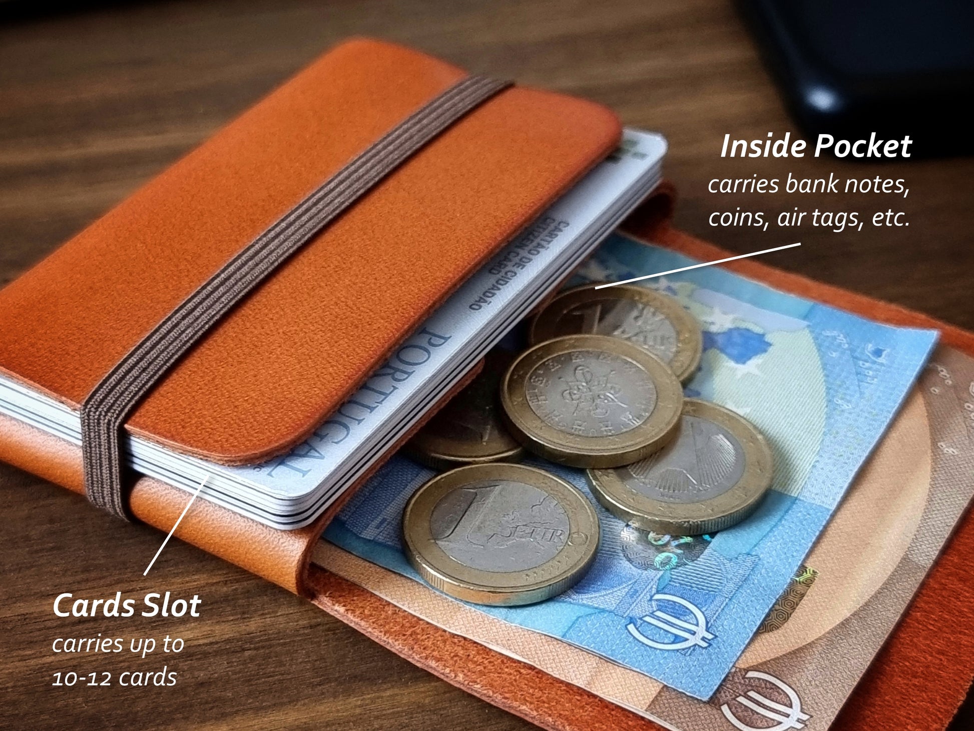 Carteira compacta Amber Orange com espaço para cartões, moedas e notas