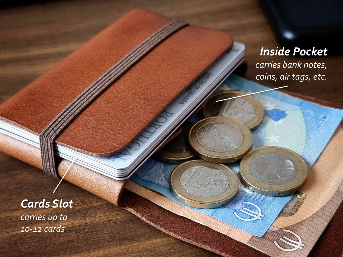 Carteira compacta Camel Brown com espaço para cartões, moedas e notas