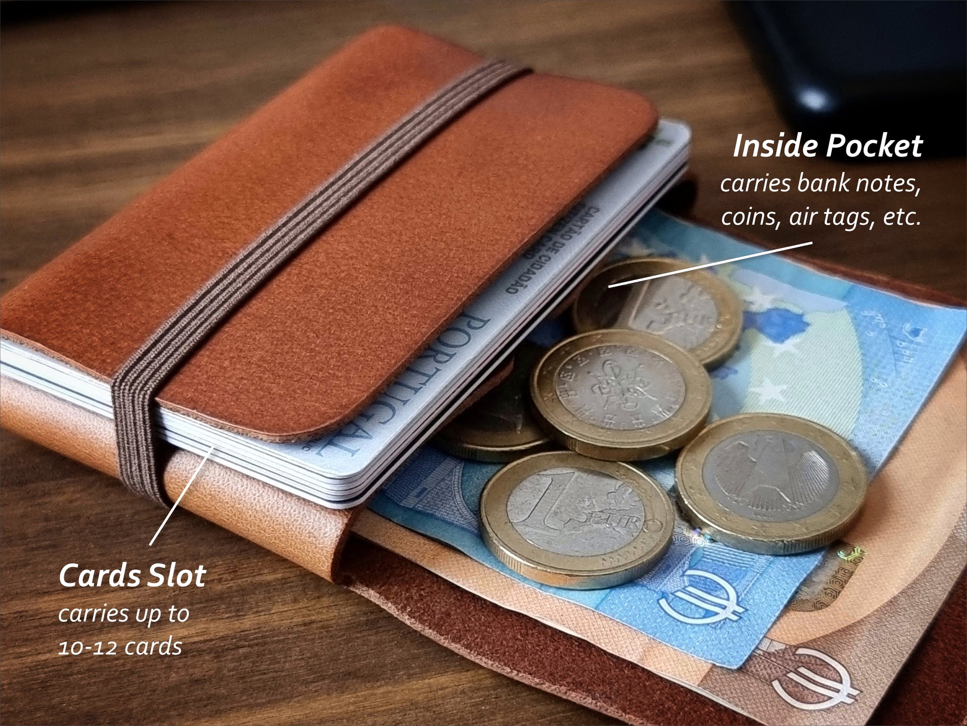 Carteira compacta Camel Brown com espaço para cartões, moedas e notas