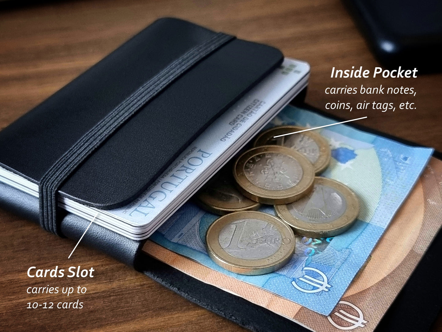 Carteira compacta Carbon Black com espaço para cartões, moedas e notas