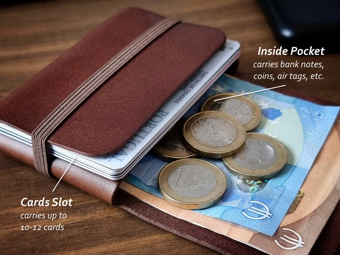 Carteira compacta Classic Brown com espaço para cartões, moedas e notas