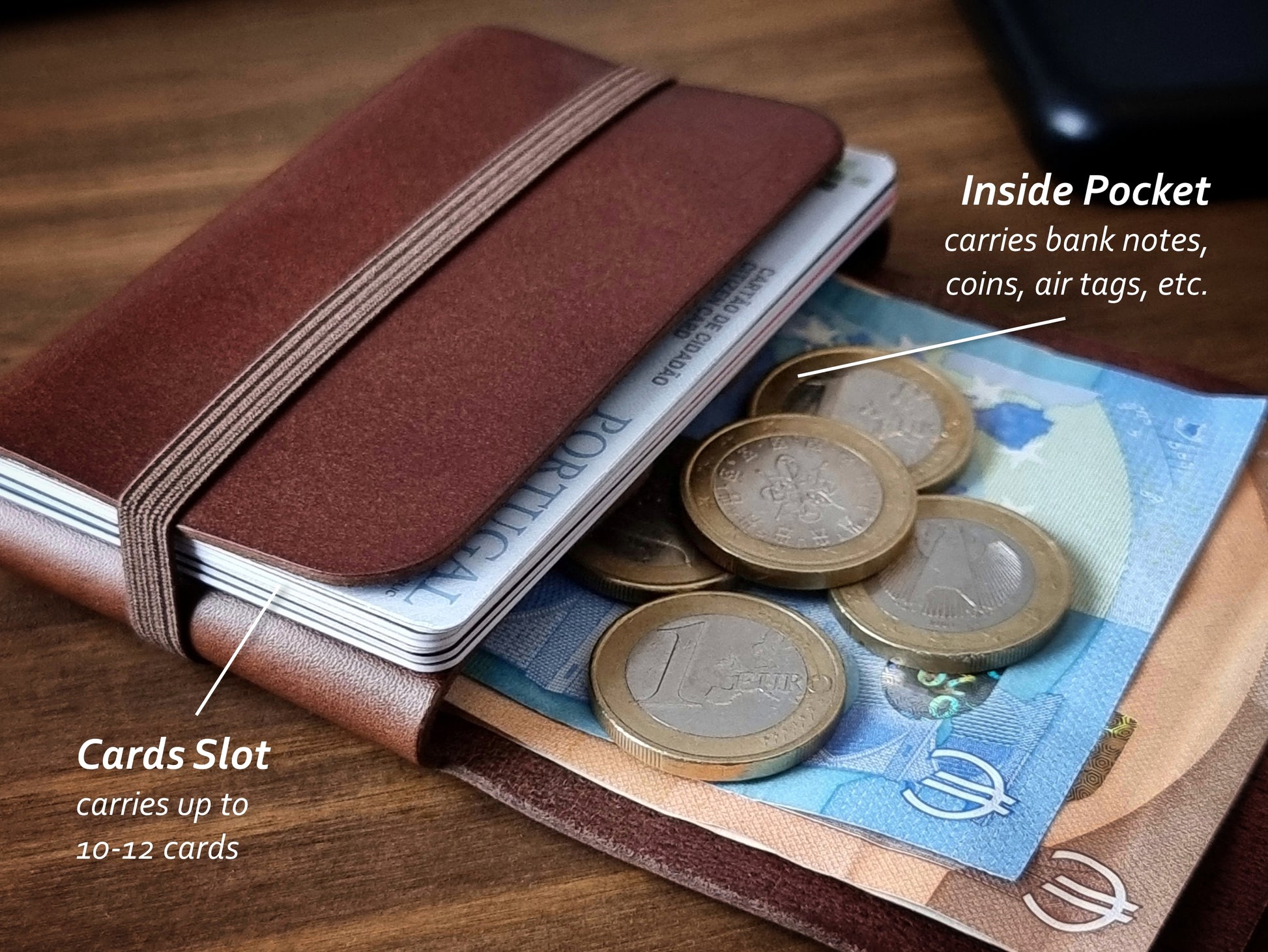 Carteira compacta Classic Brown com espaço para cartões, moedas e notas