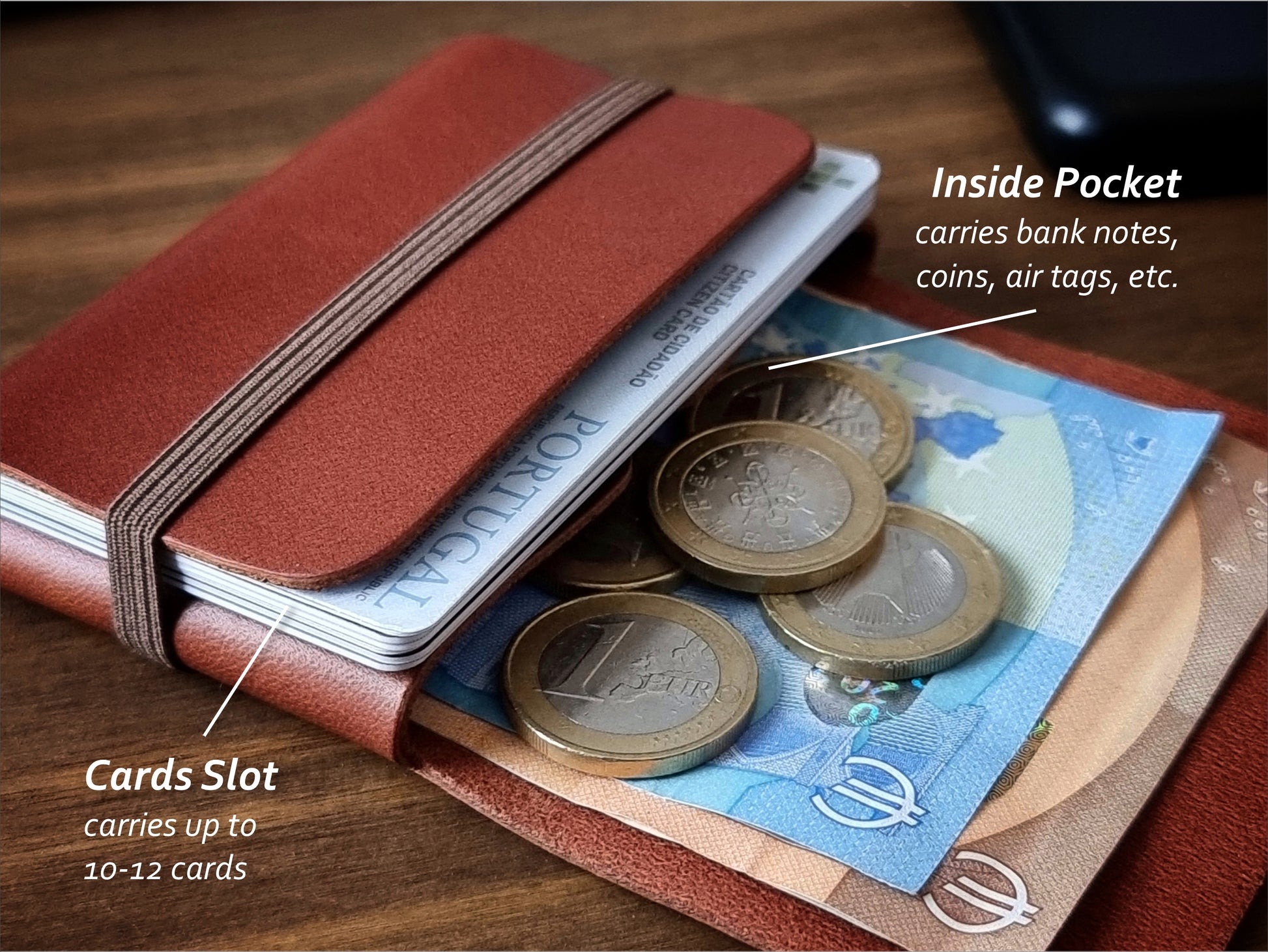 Carteira compacta Cognac Brown com espaço para cartões, moedas e notas