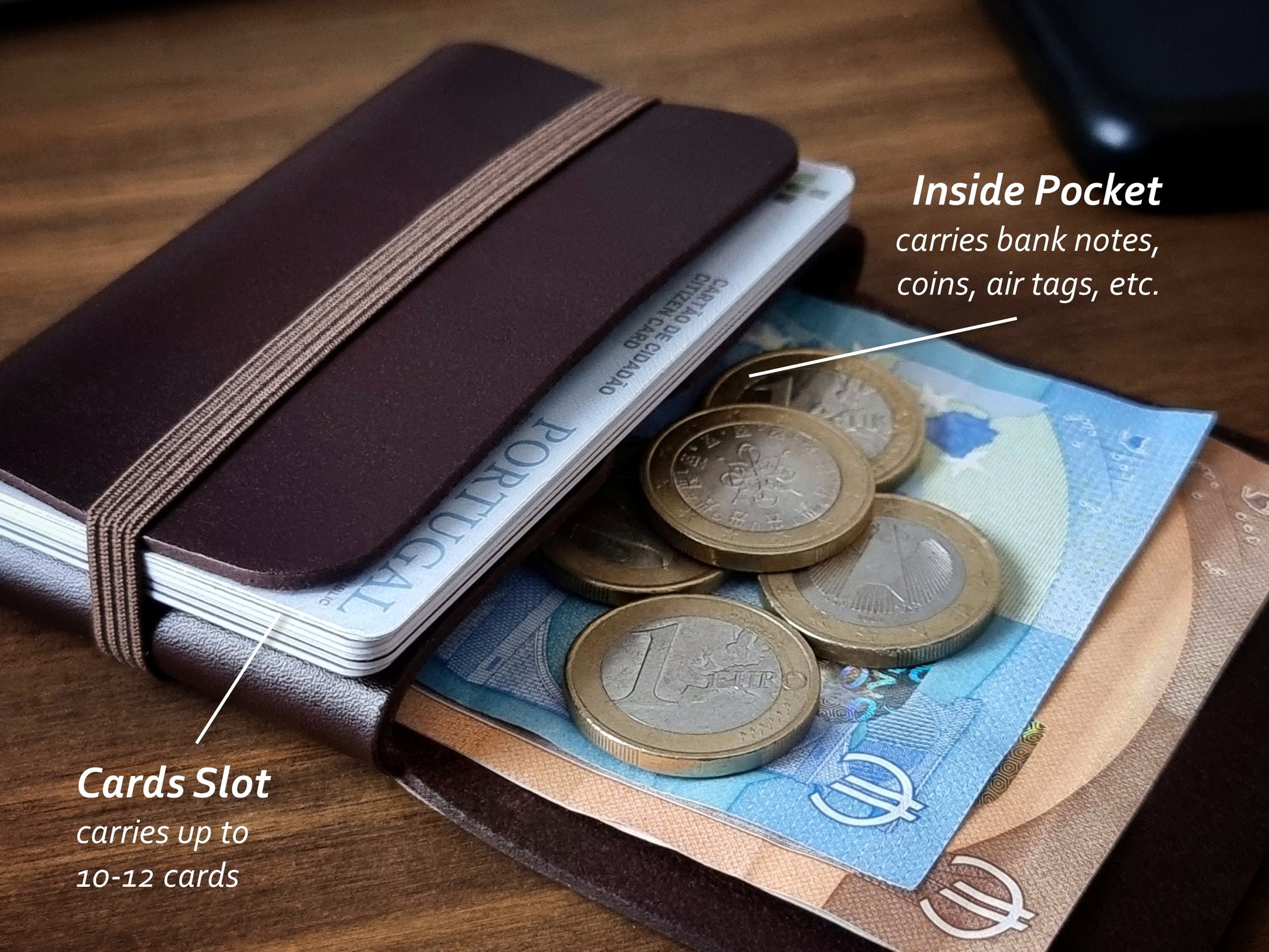 Carteira compacta Dark Brown com espaço para cartões, moedas e notas