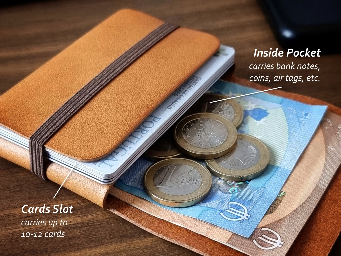 Carteira minimalista com bolso interior para moedas, cartões e notas
