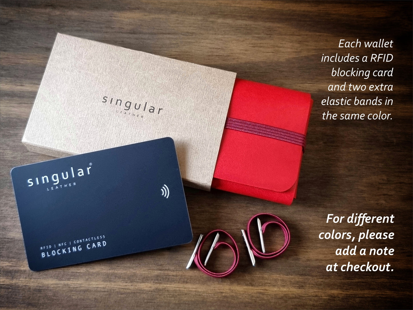 Conjunto de oferta com carteira Venetian Red, cartão RFID e caixa elegante