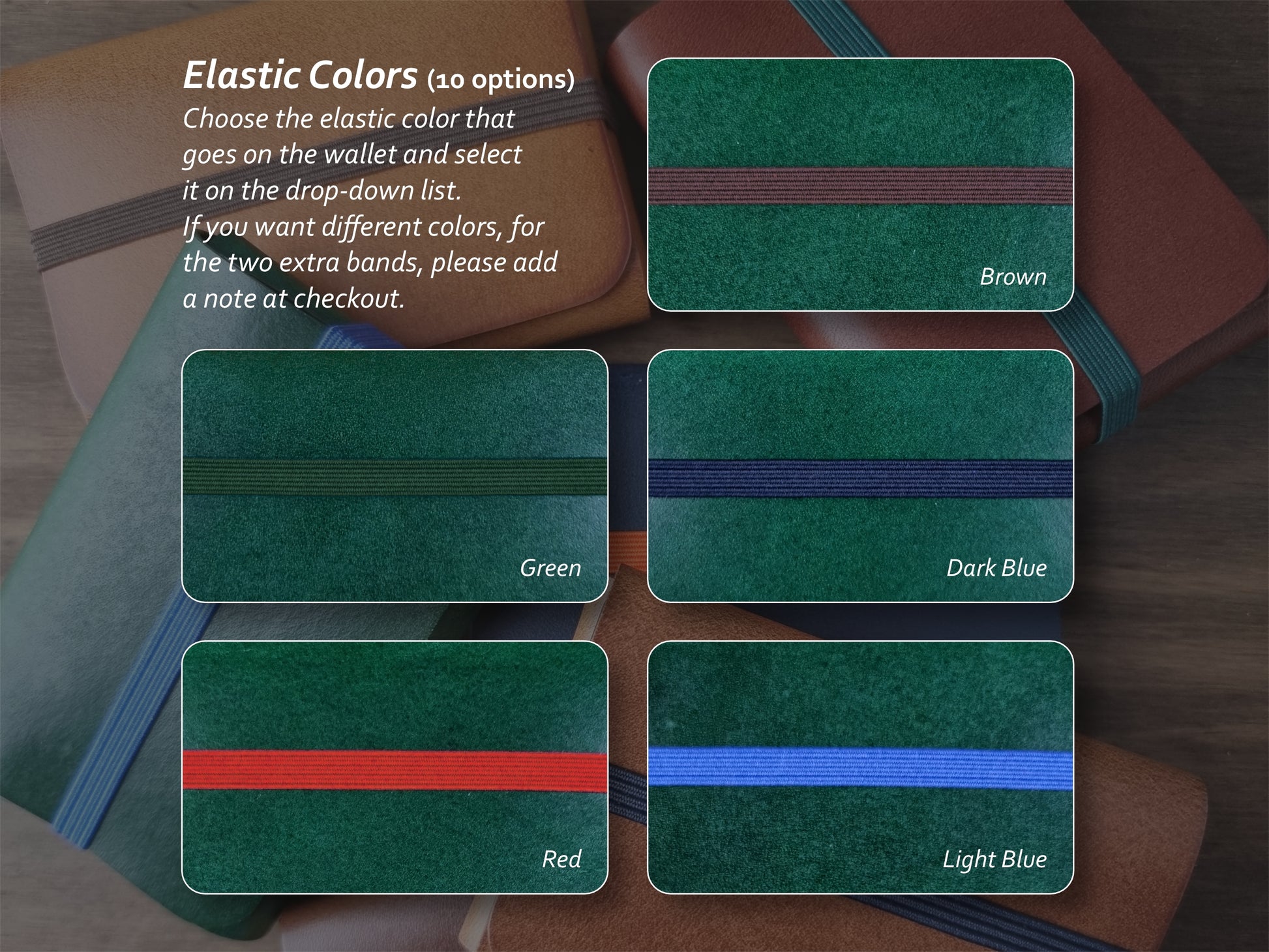 Cores de elástico disponíveis para carteira Alpine Green – parte 1
