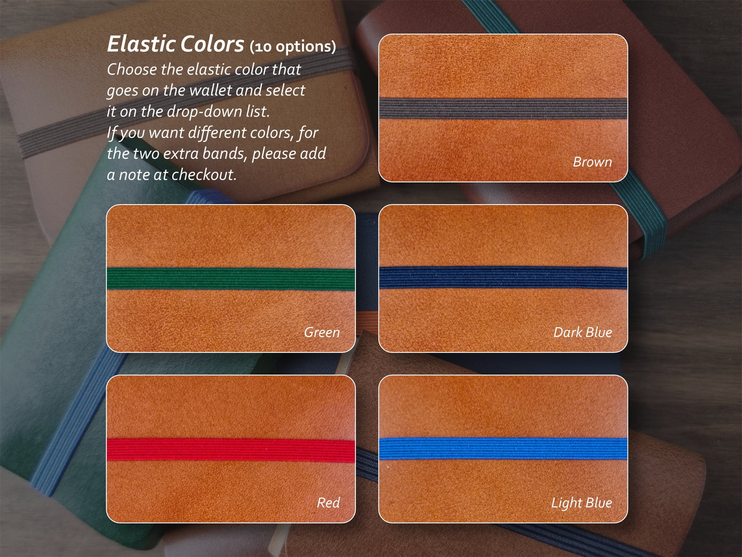 Cores de elástico disponíveis para carteira Amber Orange – parte 1