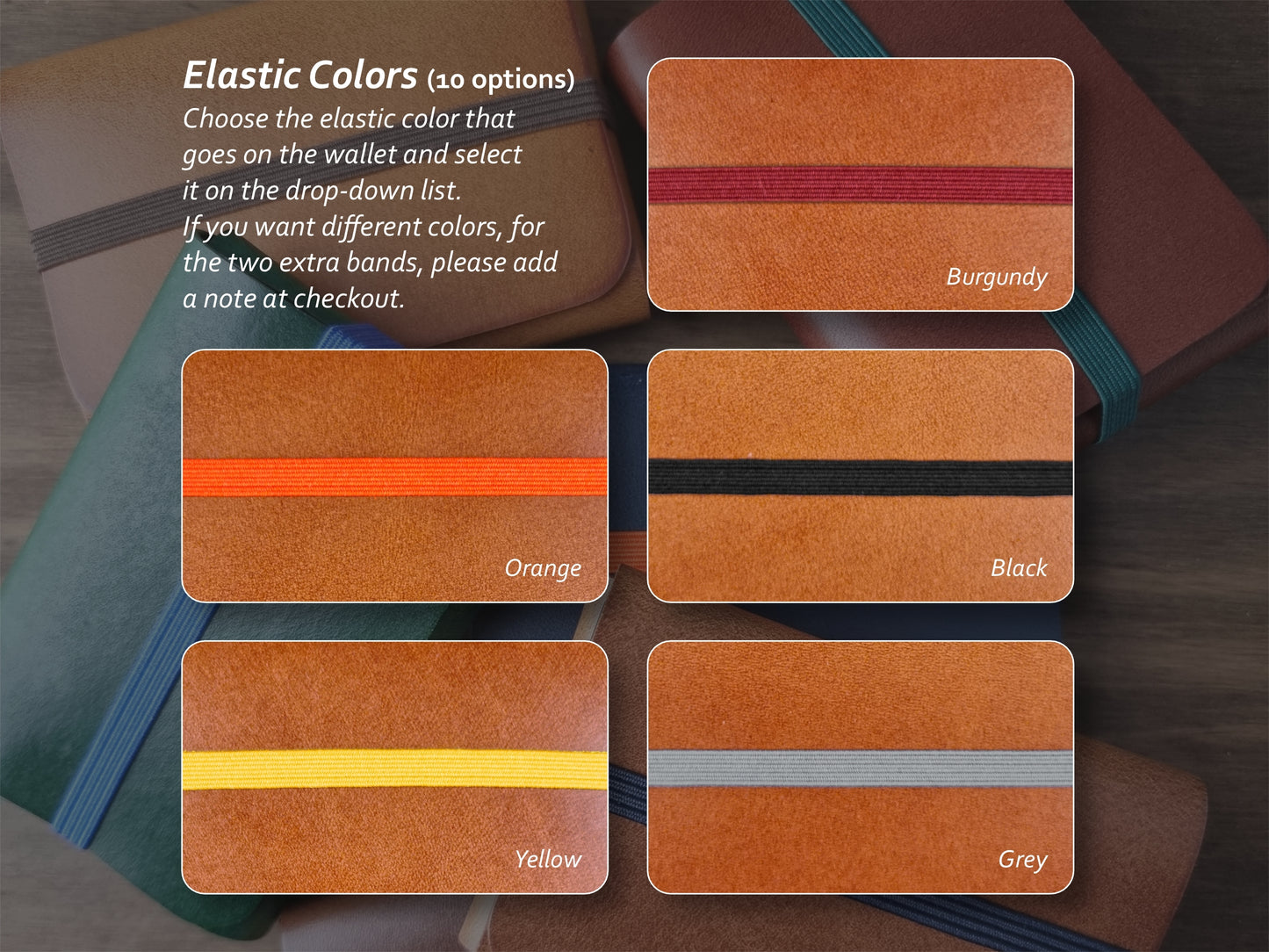 Cores de elástico disponíveis para carteira Amber Orange – parte 2