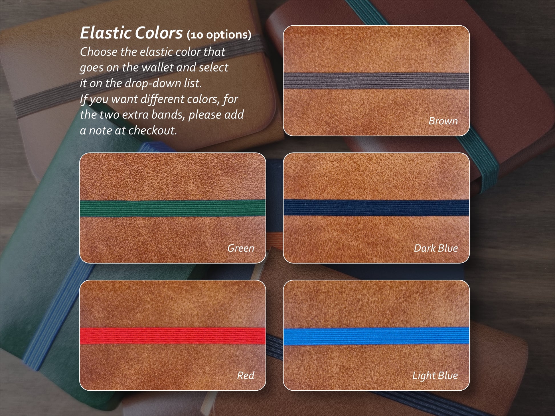 Cores de elástico disponíveis para carteira Camel Brown – parte 1