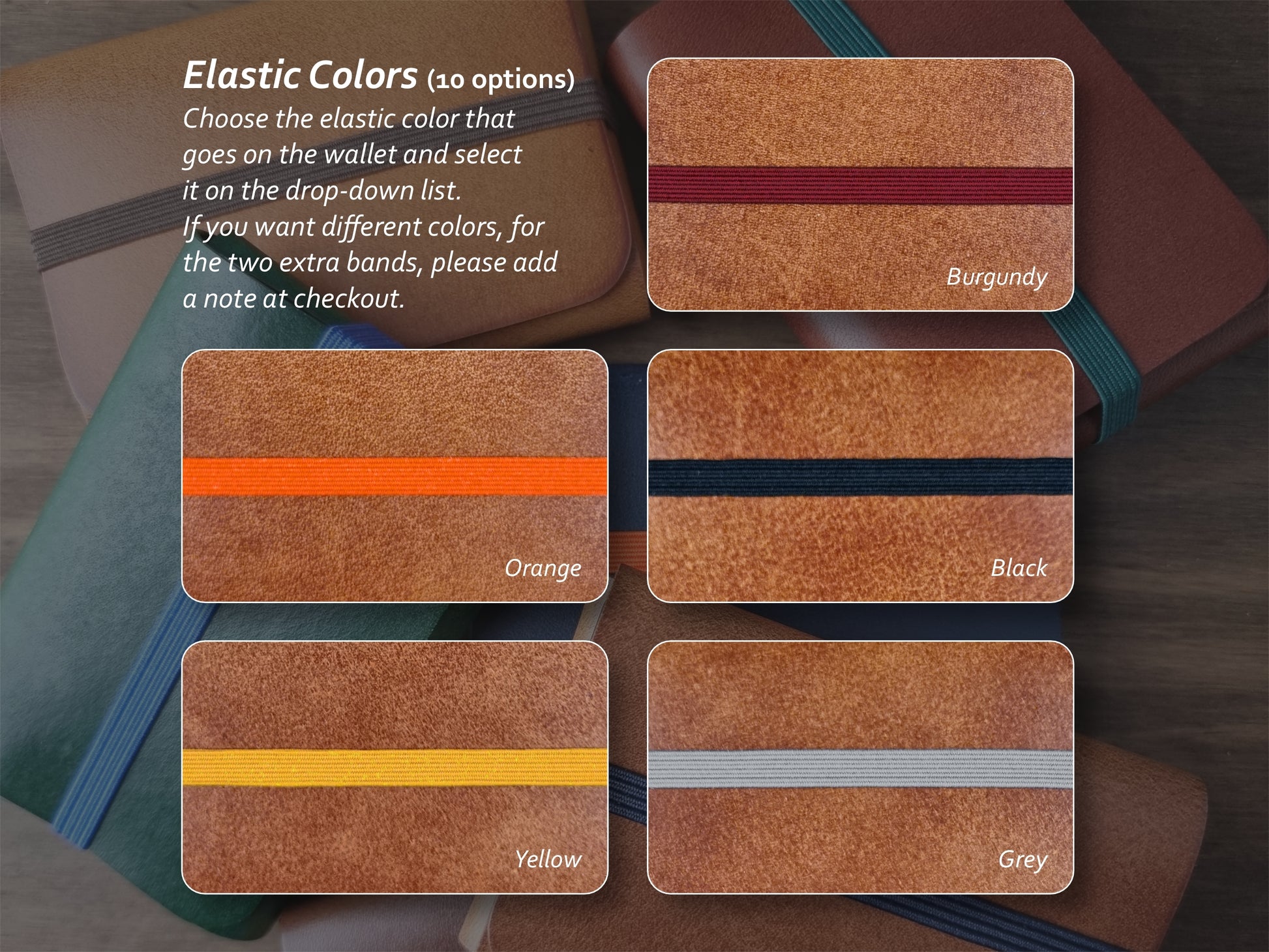 Cores de elástico disponíveis para carteira Camel Brown – parte 2