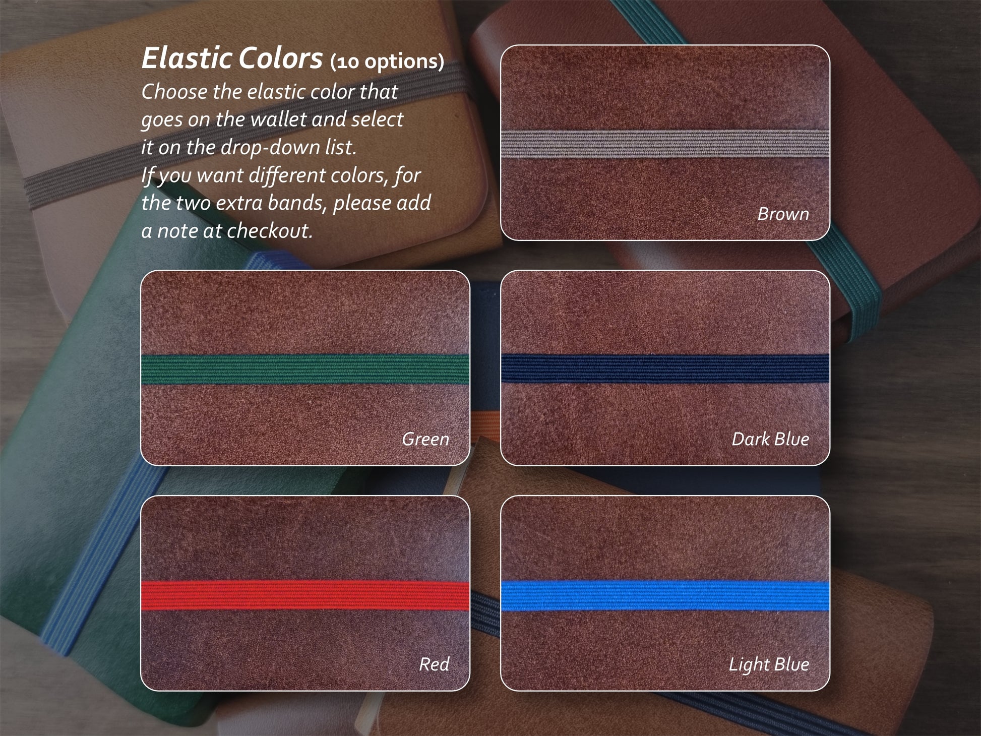 Cores de elástico disponíveis para carteira Classic Brown – parte 1