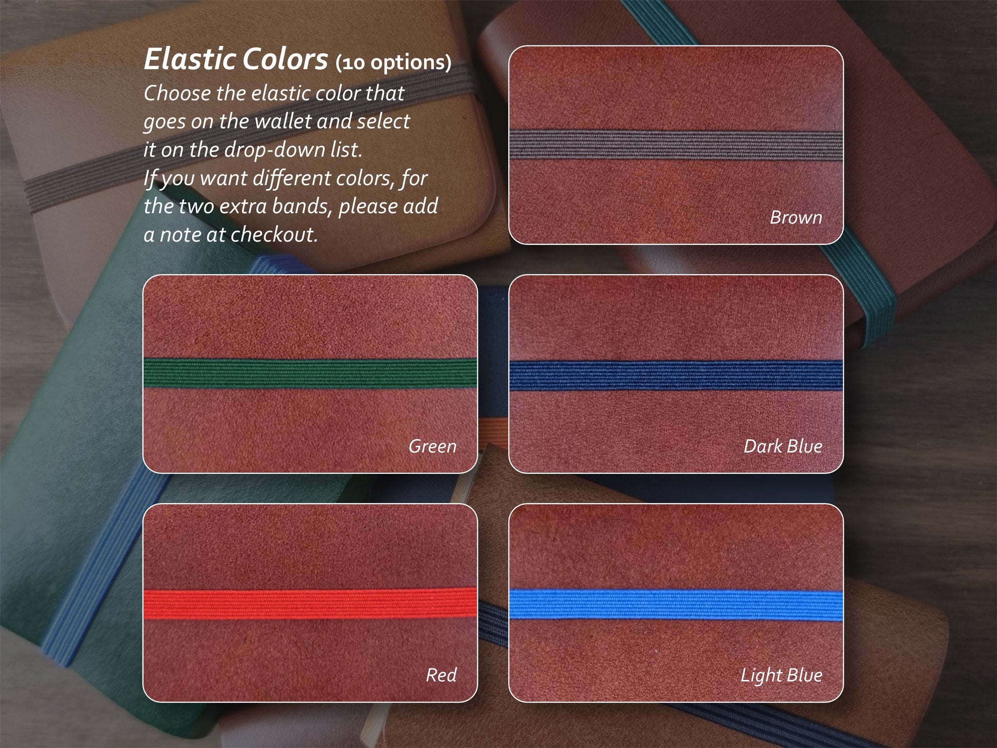 Cores de elástico disponíveis para carteira Cognac Brown – parte 1