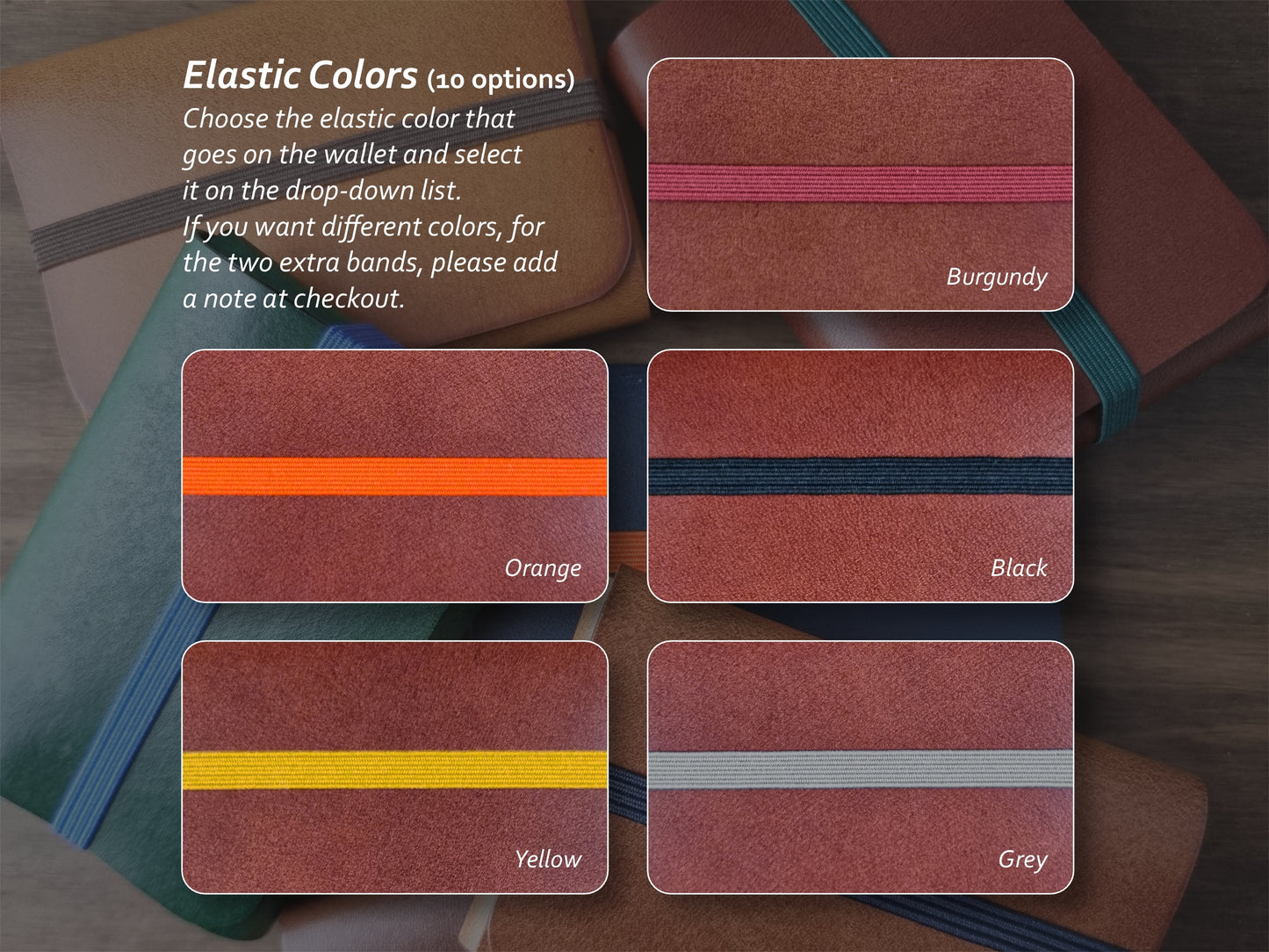 Cores de elástico disponíveis para carteira Cognac Brown – parte 2