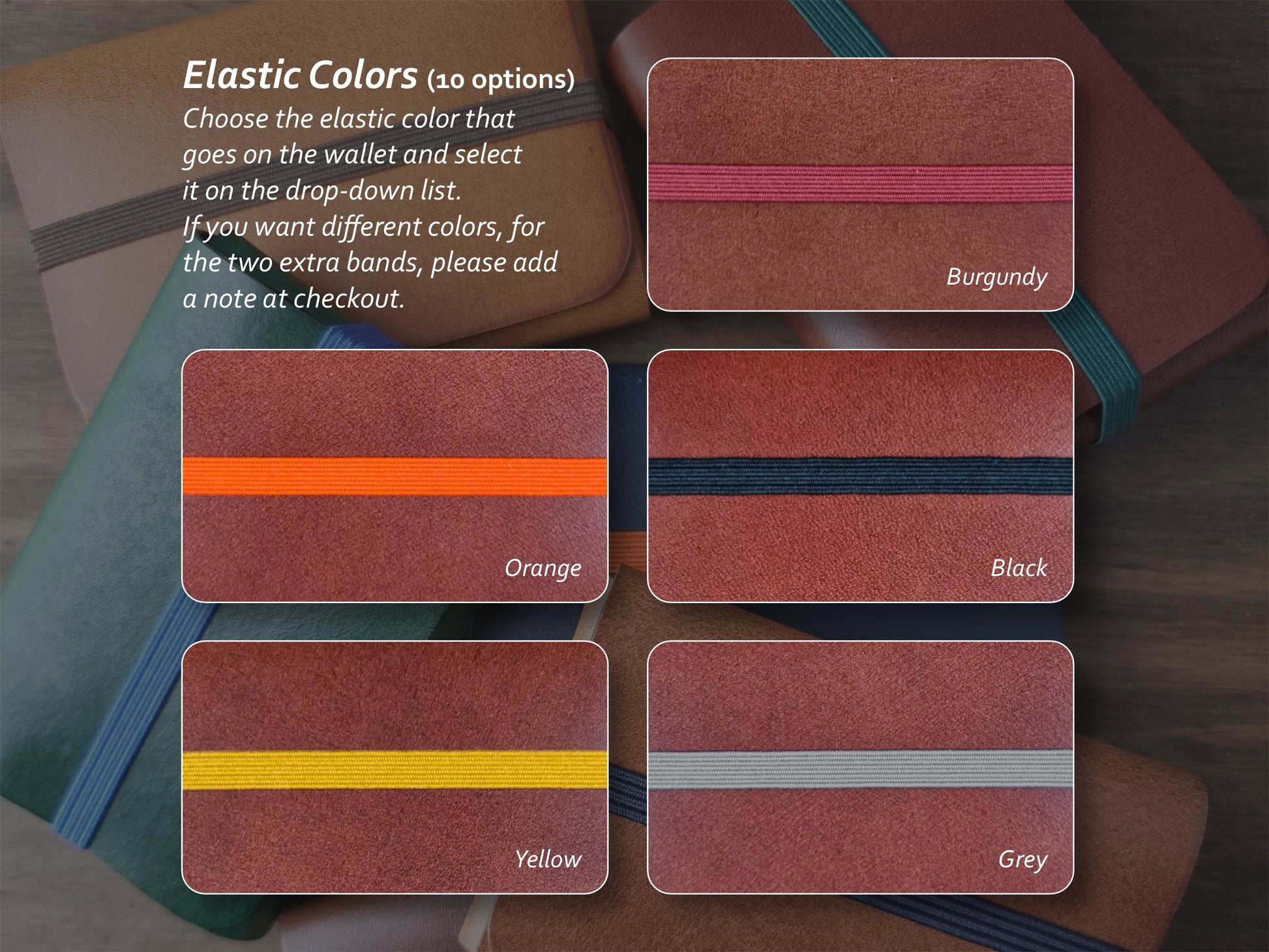 Cores de elástico disponíveis para carteira Cognac Brown – parte 2