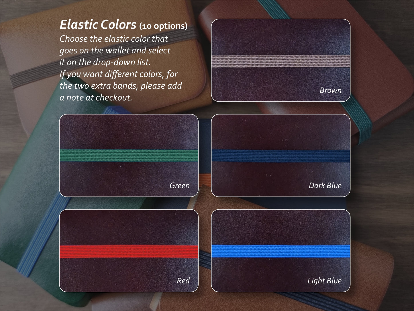 Cores de elástico disponíveis para carteira Dark Brown – parte 1