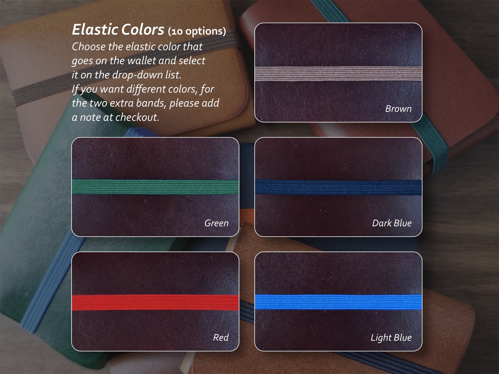 Cores de elástico disponíveis para carteira Dark Brown – parte 1