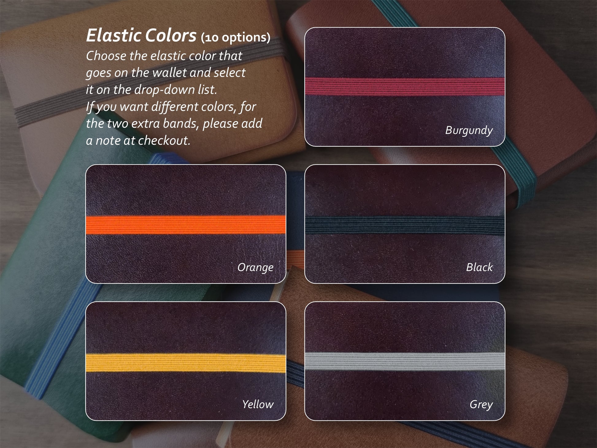 Cores de elástico disponíveis para carteira Dark Brown – parte 2