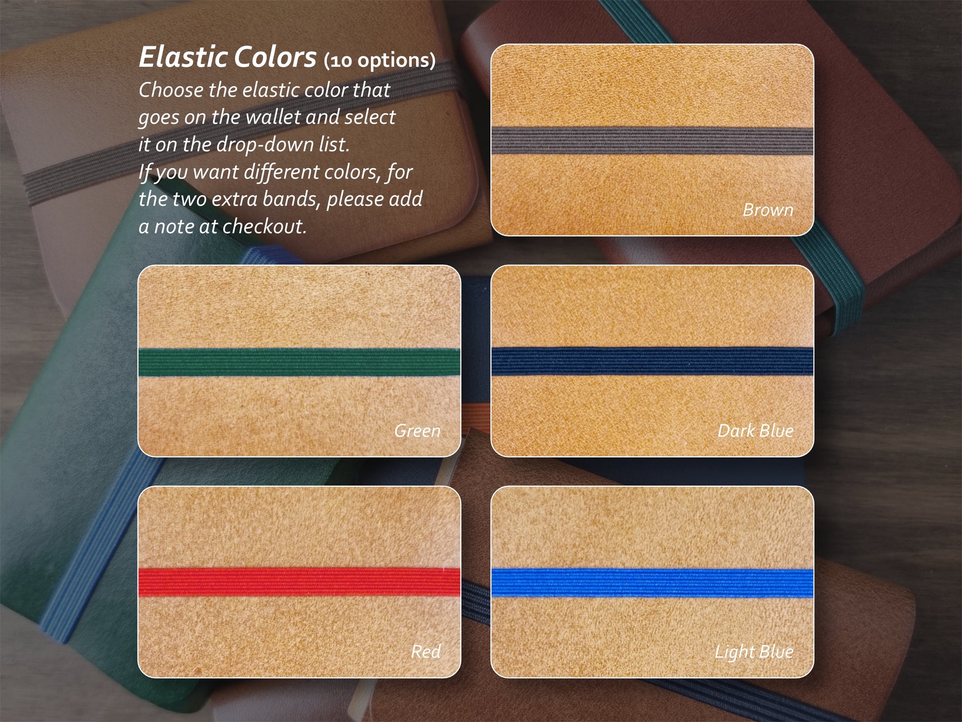 Opções de cores de elástico para carteira: areia, vermelho, rosa, azul