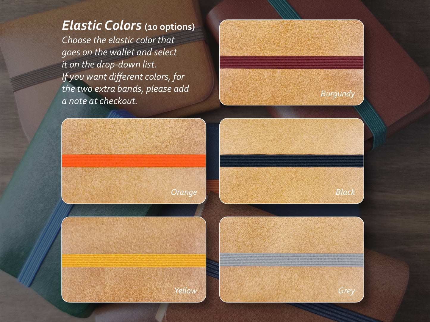 Opções de cores de elástico para carteira: burgundy, castanho, orange, amarelo, cinzento