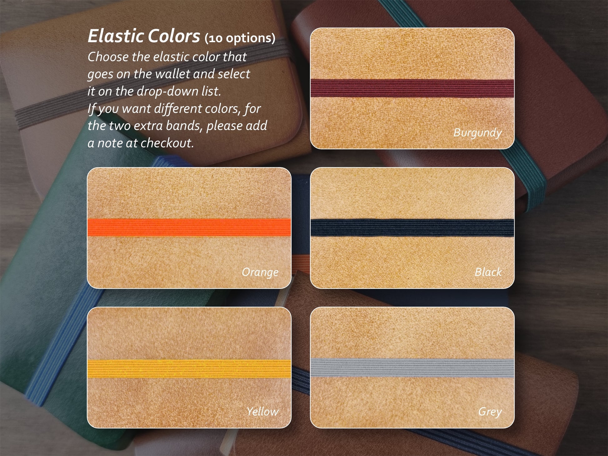 Opções de cores de elástico para carteira: burgundy, castanho, orange, amarelo, cinzento