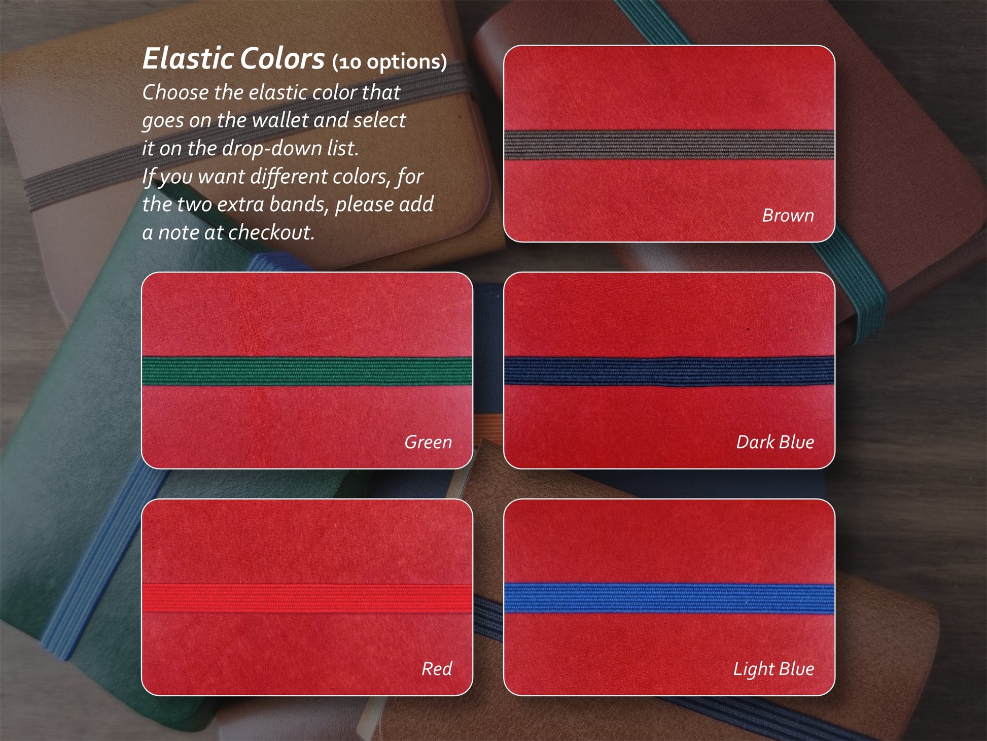 Cores de elástico disponíveis para carteira Venetian Red – parte 1