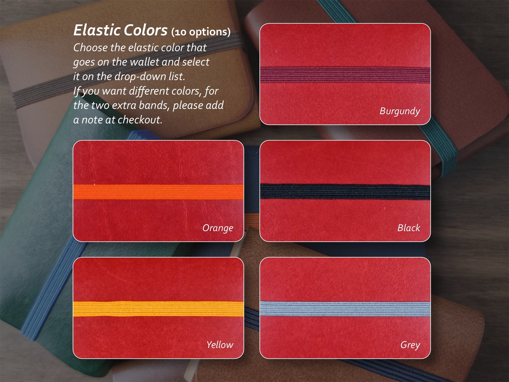 Cores de elástico disponíveis para carteira Venetian Red